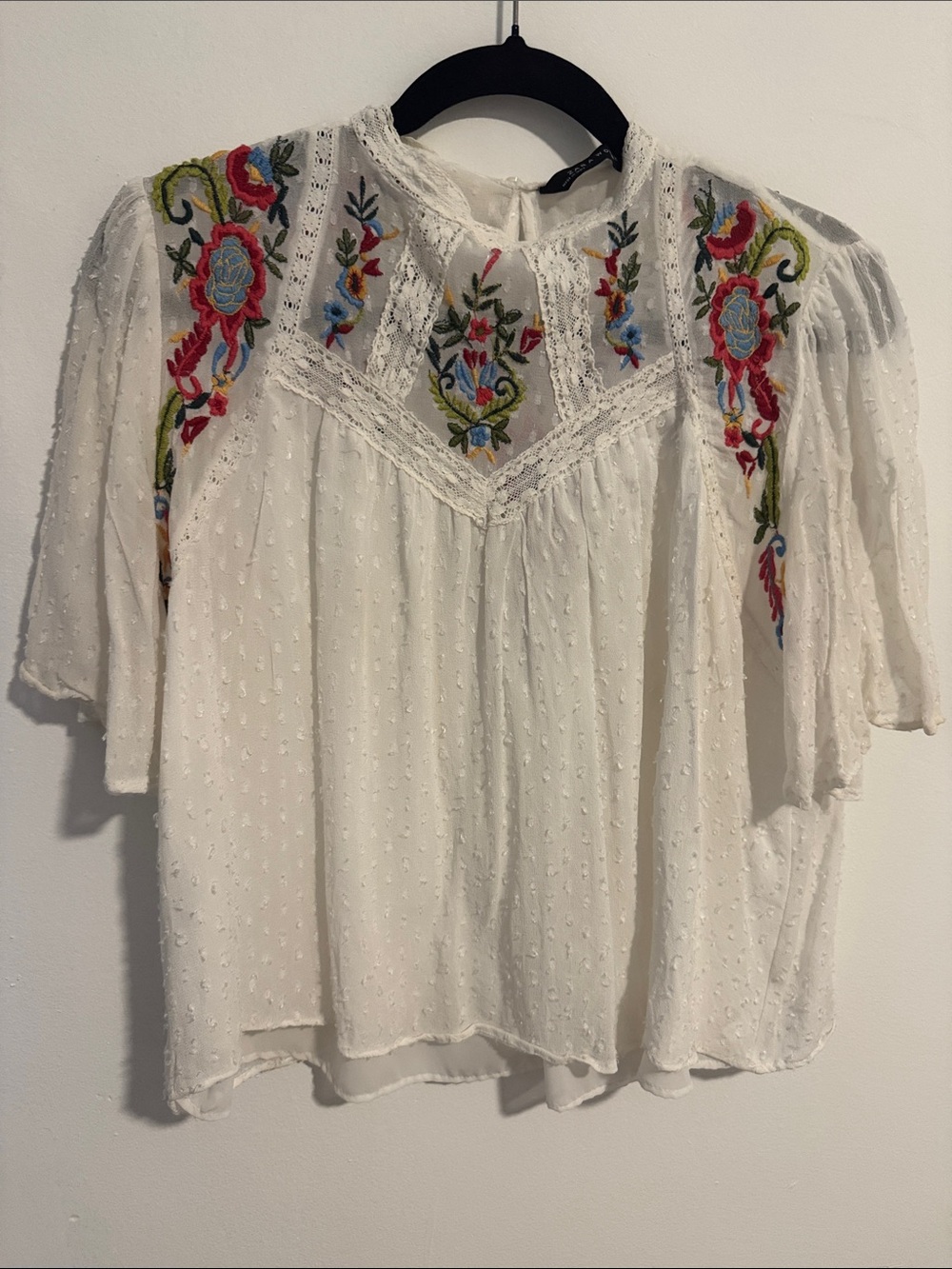 Zara White Embroidered Swiss Dot Blouse